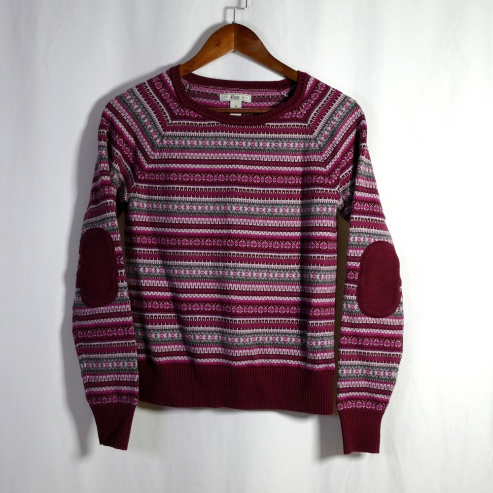 Bass Womens Fair Isle Elbow Patch Sweater Size M Cotton Blend Cabincore Heritage